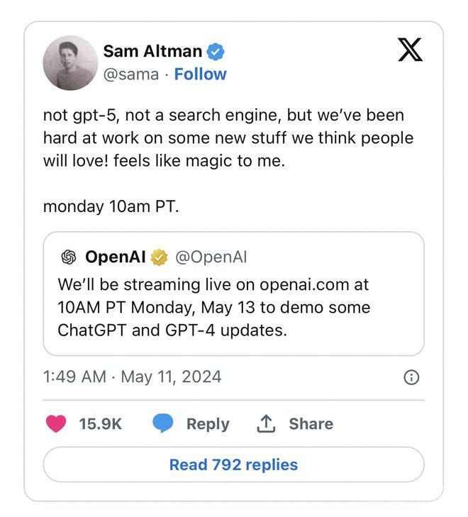 奥特曼"剧透"OpenAI发布会：不是GPT-5，也不是搜索引擎 媒体爆料：是语音助手